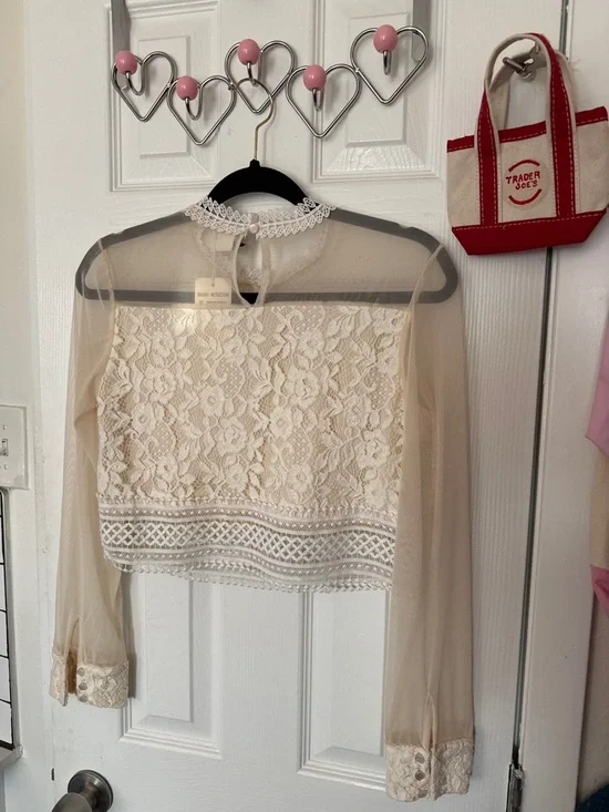Delicate Lace Overlay Long-Sleeve Top — Cream - Picture 12 of 14